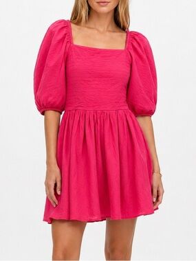 Ivy City Pink Puff Sleeve 100% Cotton Mini Dress XS Photo Shoot Party Wedding